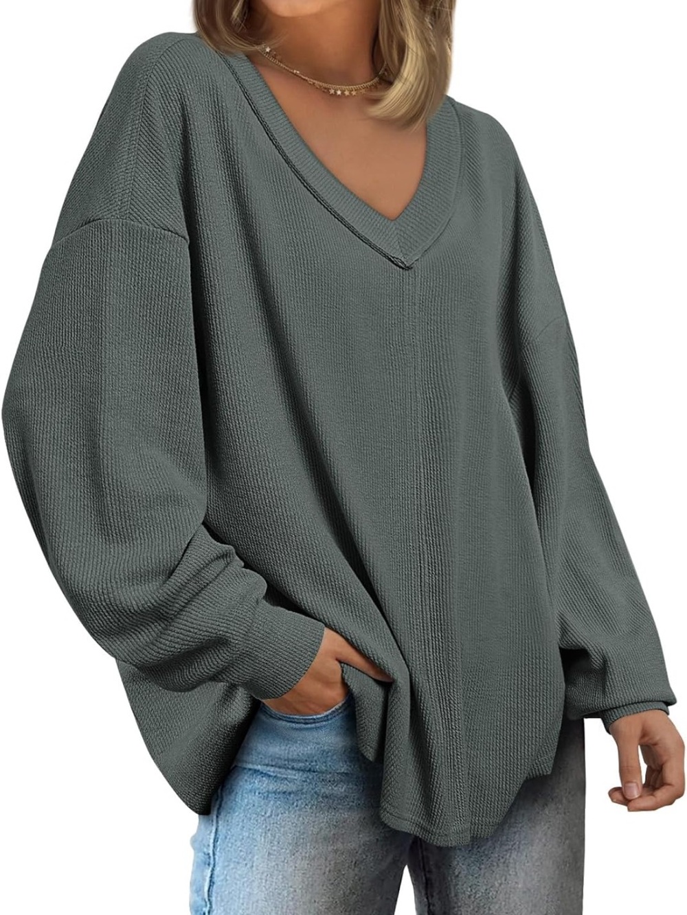 V-Neck Oversized Knit Sweater Blue